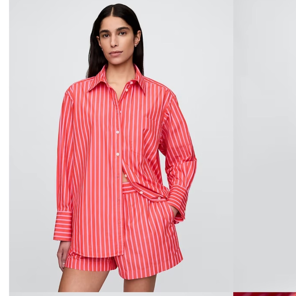 Gap Organic Cotton Poplin Big Shirt size small Red Pink Stripe Buttondown